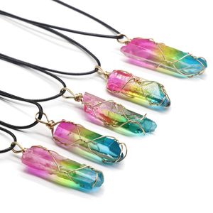 Coloré Cristal Colonne Collier Pendentif Gradient Couleur Cristaux De Quartz fil wrap Colliers Guérison Gardien Bijoux pour Hommes Hommes Corde Chaîne