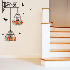 Pegatina de pared de pájaros voladores, jaula de flores colorida, decoración creativa para el hogar, adhesivos para salón, papel tapiz, ventana de dormitorio y guardería