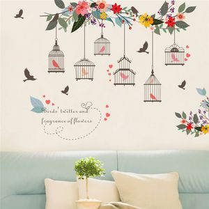 Pegatinas de pared de jaula de pájaros y flores coloridas, calcomanías de arte de pared para el hogar, sala de estar, dormitorio, Fondo de TV, decoración de ventana de jardín