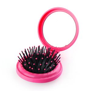 Mini peine plegable portátil para niñas coloridas, cepillo de pelo de viaje redondo para masaje con espejo