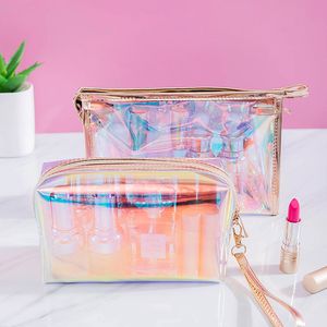 Bolsa de cosméticos holográfica colorida para mujer, bolsas de maquillaje transparentes, bolsa organizadora de belleza, estuche de almacenamiento de maquillaje con cremallera de viaje