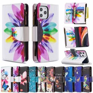 Étuis de téléphone portefeuille pour iPhone 14 13 12 11 Pro Max X XS XR 7 8 Plus Beau motif de peinture colorée Multifonction Flip Kickstand Cover Case avec Zipper Coin Purse