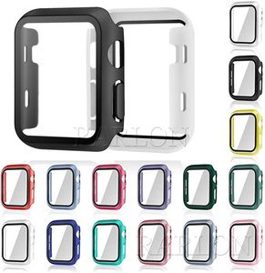 Boîtiers de bracelet de montre durs PC colorés avec trou anti-poussière de bouton de film en verre trempé pour iWatch 7 6 5 4 3 2 1 360 Protecteur d'écran complet Aucun paquet