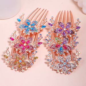 Peines de flores con diamantes de imitación de colores para mujer, horquillas de cristal brillantes elegantes, adornos, pinzas para el cabello para novia, accesorios de joyería