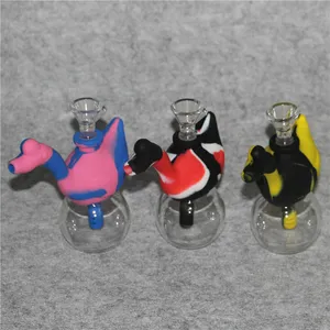 Silicone Bongs Narguilé Bulle Fumer Verre Pipe À Eau Dab Plate-Forme Pétrolière Portable Narguilé Tabac Pipes Avec Bol En Verre Herbe Sèche Cire Vaporisateur Multi Couleurs En Gros