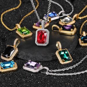 Colgantes de piedras preciosas cuadradas coloridas, gargantilla de circonia cúbica completa ostentosa, collares de cadena para mujer, joyería de Hip Hop 229t