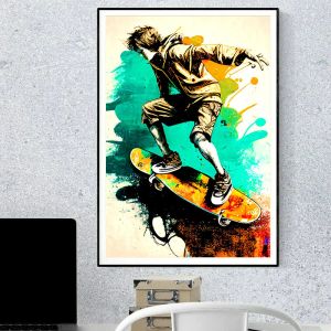Colorido amante de skateboard deportes extremos estampados de arte de arte de arte de lona para sala de estar arte de pared imágenes decoración de la habitación del niño