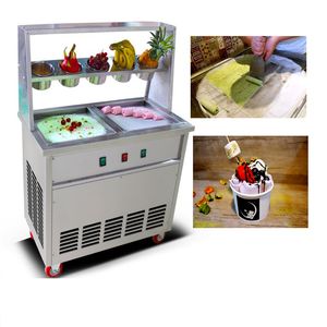 Máquina comercial de rollo de helado frito, máquina de rollo de helado de acero inoxidable, olla doble con 5 tazones pequeños de máquina de helado de yogur