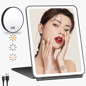 Miroirs compacts Miroir de maquillage LED grossissant 10x avec lumières, bureau de voyage pliable portable, table de toilette, miroirs de chambre à coucher, outils de maquillage 231124