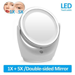 Miroirs compacts Miroir de maquillage à LED grossissement 1X 5X miroirs cosmétiques portables double face rotatifs avec lampe à lumière LED miroir de courtoisie 231202