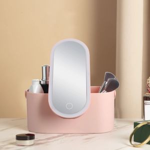 Miroirs compacts Boîte de rangement de maquillage avec miroir lumineux LED Organisateur de maquillage de voyage portable Organisateur de cosmétiques avec lumière tactile Étui de maquillage blanc rose 231109