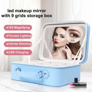 Miroirs compacts Sac de miroir de maquillage éclairé par LED portable Grand étui à cosmétiques de voyage esthétique Outils de maquillage en cuir PU Accessoires de vanité pour femmes 231113