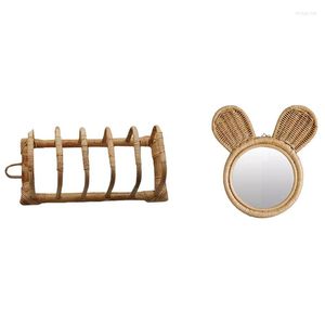 Espejos compactos Rattan Home Dish Rack Platos de drenaje con espejo montado en la pared Maquillaje natural hecho a mano