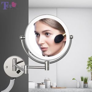 Miroirs compacts Miroir de maquillage mural à LED avec prise Miroir cosmétique grossissant 5X Miroirs muraux double face Miroirs de salle de bain à gradation tactile 231109