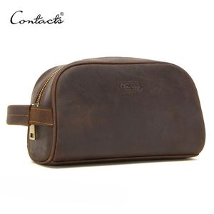 CONTACT'S trousse de toilette petite pour hommes, trousse de toilette vintage en cuir de cheval fou, sac de voyage noir, trousses de maquillage à main m256m