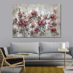 Pintura abstracta contemporánea rosa gris y dorado Floral lienzo hecho a mano para decoración de sala de estar