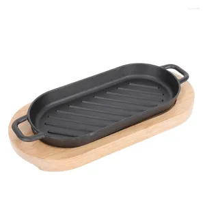 Juegos de utensilios de cocina Bandeja de filete de hierro fundido Sartén para fajitas pre-sazonada Sartén chisporroteante con base de madera para cocinar