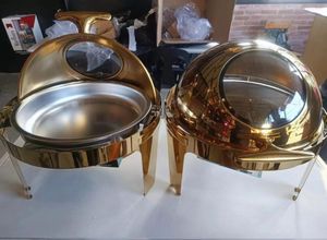 Conjuntos de utensilios de cocina El Olla de oro de acero inoxidable grande 6.5L Roll Top Round Dining Silver Chafing Dish Calentador de alimentos