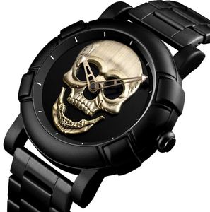 Cool Man Steampunk Skull Head Watch Men 3D Squelette gravé Gold Black Mexico Punk Rock Calogne Rock