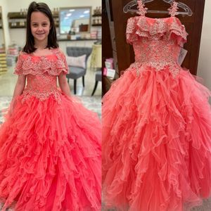 Coral Girl Pageant Dress 2023 Ruffles Tiered Tulle Ballgown Little Kid Birthday Formal Event Party Gown Infant Toddler Teens Preteen Tiny Young Junior Miss Rachel