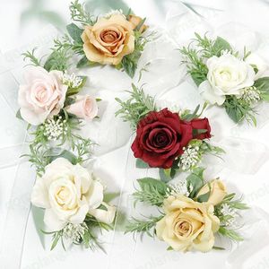 Ramillete de flores artificiales para muñeca, novia, dama de honor, flores de mano, novio, flor en el ojal, pulsera para hombre y mujer, alfileres de solapa para boda, decoración de graduación