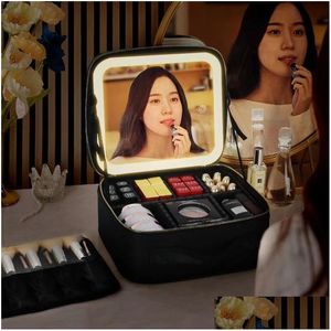 Bolsas cosméticas Cajas Mujeres LED Bolsa de luz Caja de espejo Lujo PU Gran capacidad Maquillaje de viaje portátil para 230224 Drop Entrega Lage Dh2NZ