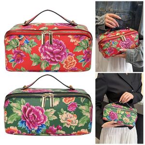 Sacs de cosmétiques Style chinois Nord-Est Big Flower Sac de maquillage vintage Cuir PU Cuir avec poignée Pouche de voyage pour femmes