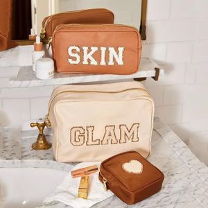 Bolsas de cosméticos personalizadas, parche de letras DIY, corazón, perla, diamantes de imitación, bolsa resistente al agua de nailon, estuche de maquillaje, bolsa de viaje