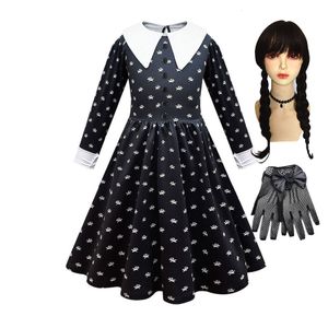 Cosplay Fille Mercredi Addams Robe Enfants Col Claudine Cosplay Costume Enfants Manches Longues Fantaisie Printemps Automne Évasée Robe Patineuse 230818