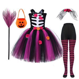 Cosplay Halloween Enfants Cos Zombie Party Squelette Mariée Tulle Robe pour Filles Sans Épaule Mascarade Fantôme Costume 230818