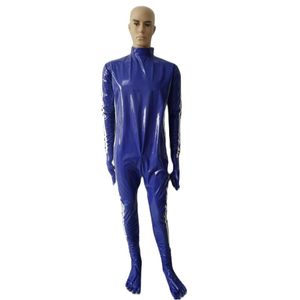 Cosplay Costumes d'Halloween Combinaison de collants zentai en faux cuir PVC bleu avec combinaison de sport à rayures blanches Mains et pieds amovibles