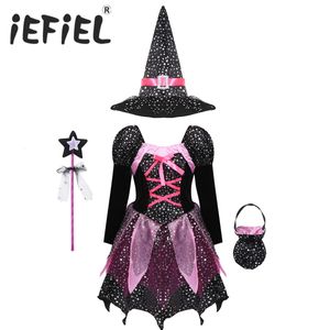 Cosplay Enfant Filles Halloween Sorcière Costume Scintillant Argent Étoiles Imprimé Carnaval Robe avec Chapeau Pointu Baguette Up Vêtements 230818