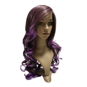 Peluca de Cosplay para mujer, pelo de fibra ondulado Sexy, Color PÚRPURA, largo ondulado, resistente al calor, pelucas sintéticas Gluelese