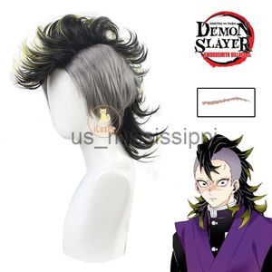 Perruques de cosplay Anime Demon Slayer Genya Shinazugawa Cosplay Perruque Noir Jaune Cheveux Autocollants Kimetsu No Yaiba Swordsmith Village Arc Sanemi Hommes x0901