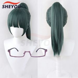 Cosplay Wigs Anime Jujutsu Kaisen Cosplay Maki Zenin Wigs Dark Green Ponytail Heat Resistant Synthetic Hair Cosplay Wig Wig Cap Glasses 230824