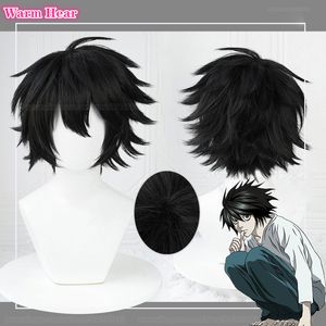 Pelucas de cosplay L.Lawliet Peluca de cosplay Anime Death Note L Pelucas de cosplay 35 cm Pelo corto negro resistente al calor Hombre Pelucas de fiesta de Halloween Gorro de peluca 230904