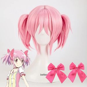 Cosplay Wigs Puella Magi Madoka Magica Madoka Kaname Cosplay Wigs Pink Short 2 Clip Ponytails Heat Resistant Synthetic Hair Wig Wig Cap 230824