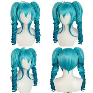 Perruques de Cosplay synthétiques lisses de 18 pouces, perruque mixte bleue Hatsune Miku VOCALOID avec Double queue bouclée pour Halloween 231013