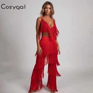 COSYGAL rojo borla completa mono Sexy mamelucos mujer nueva moda traje de dos piezas 2018 elegante fiesta noche Clubwear verano mono293W