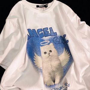 Cotton American Retro Kitten de gran tamaño Floja Camiseta de manga corta Top Half Masculino y Femenina Tiradora Men Camiseta 240402