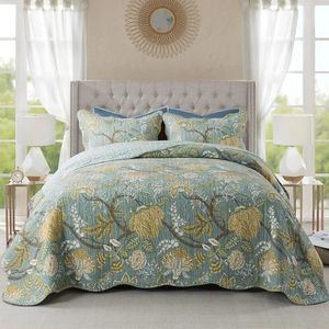 Coton Bedpread Quilt SetSreversible Patchwork Coverlet Set Green Floral Pattern Queen Size 240424