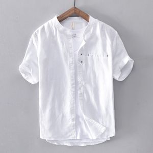 Baumwolle Leinen Hemd Männer Solide Kurzarm Casual Schlank Taste Unten Qualität Mandarin männer Kleid Shirts Camisa Masculina