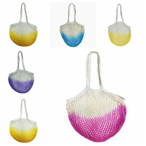 Sacs de courses en coton pour femmes et hommes, rangement réutilisable, lavable, sac d'épicerie en maille, organisateur à longue poignée pour fruits et légumes 6 couleurs