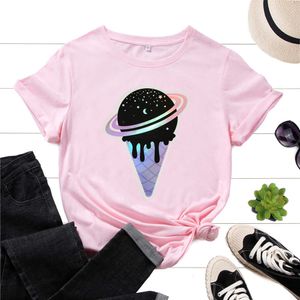 T-shirts en coton pour femmes T-shirts graphiques Chemise imprimée à manches courtes Tops d'été Vêtements décontractés Ice Cream Planet Galaxy Stars Moon Y0621