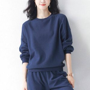 Ensemble de sport en coton gaufré survêtements pour femmes printemps et automne 2023 nouvelle mode col rond à manches longues vêtements de course décontractés pull pour femmes