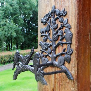 En fonte 6 oiseaux sur le tuyau d'arbre Tuyau de tuyau de jardin Equipement de tuyau de tuyau décoratif brun rustique support de support de support mural orné orné de métal métal antique vintage
