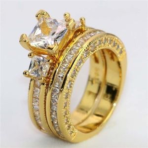 Anillos de pareja - Anillos de acero inoxidable con circón de doble hilera para hombre Anillo de diamantes de zafiro blanco relleno de oro amarillo de 18 quilates para mujer 295r