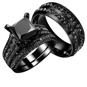 Anillos de pareja: anillo de circón de acero de titanio para hombre y anillo de zafiro negro relleno de oro negro de 14 quilates para mujer, boda nupcial En229r