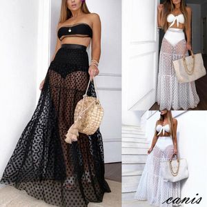 Encubrimiento Boho Casual Mujer Ver a través de lunares Cintura alta Sexy Suelta Faldas largas negras/blancas Traje de baño transparente Playa Bikini Cubrir