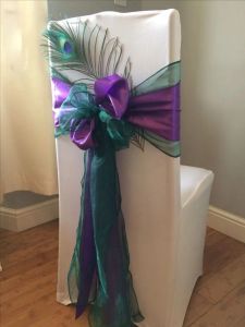 Cubiertas 2016 Organza Taffeta Feather Flower Silla de boda Fajas de silla romántica Suministros de bodas florales Accesorios de boda baratos 0